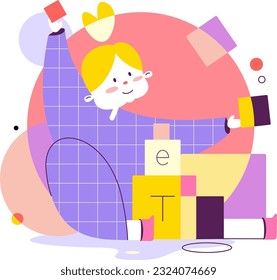 Little small smart girl reading writing sitting computer books diary painting pink yellow purple colour 