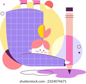 Little small smart girl reading writing sitting computer books diary painting pink yellow purple colour 