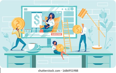 Little Smart Dressed People, Marketing Helper, with Golden Coin by Computer Screen. Young Brunette Sharing Video on Financial Issue, Using Sharing Platform and Earning Money on Her Popularity.