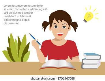 Little smart kid girl does homework. thinks and gets a good answer. Isolated on white background with copy space. Vector Illustration. Idea for children education or studying at school/home.