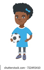 Little smiling african-american girl holding a football ball. Young happy girl playing football. Soccer player with a ball. Vector sketch cartoon illustration isolated on white background.