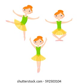 Little smiling ballerinas in dance pattern art cartoon style on white background. Set of three girls in tutus and point in different poses. Vector illustration of little ballerinas flat design.