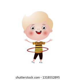 Little smiling blond boy plays hula hoop isolated on white background
