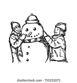 Little Smiling Boy And Girl Building A Snowman Vector Illustration Sketch Hand Drawn With Black Lines, Isolated On White Background