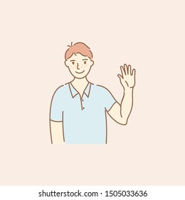 Little smiling boy with greeting gesture by palm, waving hand. Portrait of happy baby in kinder garden. Smiling cartoon character. Hand drawn vector illustration. Doodle style design.