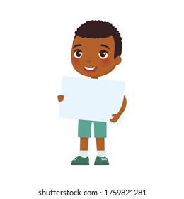 Little smiling boy holding empty banner flat vector illustration. Cute school kid with blank paper sheet in hands isolated on white background. Happy young dark skin kid with poster mock up