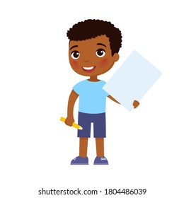 Little smiling boy holding empty paper sheet flat vector illustration. Cute schoolkid with blank poster and pencil in hands isolated on white background. Happy young kid with notepad page mock up