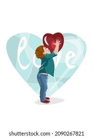 Un niño pequeño y sonriente sosteniendo un corazón en sus manos sobre el fondo de la inscripción "Amor". Ilustración vectorial del Día de San Valentín.