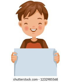 Little smiling boy holding white paper. Positive emotions emotions. Cartoon character vector illustration isolated on white background.