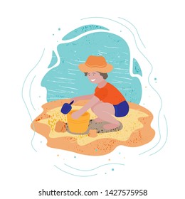 Little smiling boy playing with a bucket and shovel sitting in the sand near the water. Happy child on the beach. Flat style, isolated on white. Vector illustration.