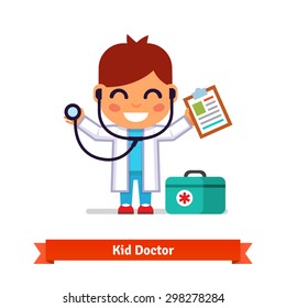 Little smiling boy playing doctor with a stethoscope and paper clip. Flat style vector illustration isolated on white background.
