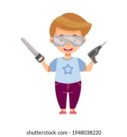 Little Smiling Boy in Protective Goggles Holding Saw and Drill for Woodworking Vector Illustration