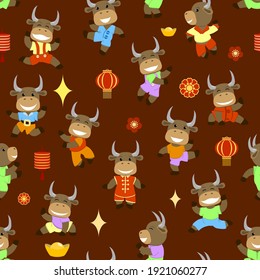 Little smiling bulls dancing and having fun, pattern, vector