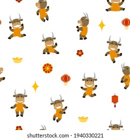 Little smiling bulls dancing and having fun, pattern, vector
