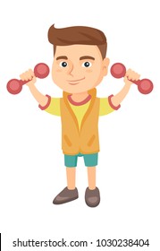Little smiling caucasian boy holding dumbbells. Cheerful boy exercising with dumbbells. Happy boy raising dumbbells. Vector sketch cartoon illustration isolated on white background.