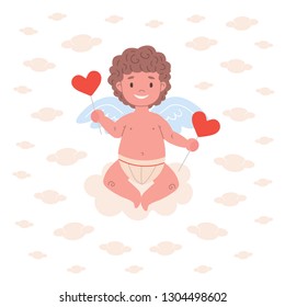 Little smiling cupid character sitting on a cloud with two lollipops in his hands.  Flat card illustration design for Valentine's Day and holidays