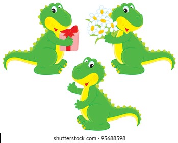 Little smiling dinosaurs holding a gift box, a bunch of flowers and waving in greeting