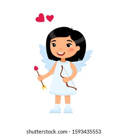 Little smiling female cupid flat vector illustration. Valentines Day celebration symbol. Child with wings holding arrows and bow character. February 14 holiday. Cute angel isolated design element
