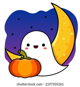 Little smiling ghost. Pumpkins and the Moon. Halloween drawing. Vector illustration