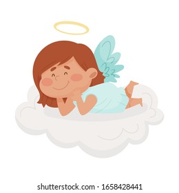Little Smiling Girl Angel with Gold Nimbus and Wings Lying on Soft Cloud Vector Illustration