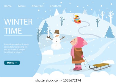 Little smiling girl character catches snowflakes with tongue. Cartoon Schoolgirl holding sled. Winter time landing page template. Snowman and nature view on background. Flat vector illustration