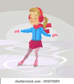 Little smiling girl character skates. Vector flat cartoon illustration