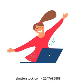 A little smiling girl is dancing or stretching in front of her laptop or virtually hugging someone in an online chat
