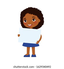 Little smiling girl holding empty banner flat vector illustration. Cute school girl with blank paper sheet in hands isolated on white background. Happy young dark skin child with poster mock up