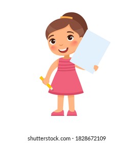 Little smiling girl holding empty paper sheet. Cute schoolgirl with blank poster and pencil in her hand. Happy young child with notepad page mockup