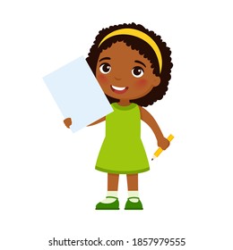 Little smiling girl holding empty paper sheet flat vector illustration. Cute schoolgirl with blank poster and pencil in hands isolated on white background. Dark skin child with notepad page mock up