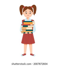 Kleines lächelndes Mädchen, das einen Stapel Bücher hält. Einziger weißer Hintergrund, Kindheit. Schulmädchen. Das Kind liest Bücher. Lifestyle, Interessen, Hobbys, Freizeit. Cartoon-Stil. Vektorgrafik