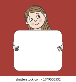 Little smiling girl holding a whiteboard with space for text or design. Vector illustration in cartoon style isolated on brown background. 