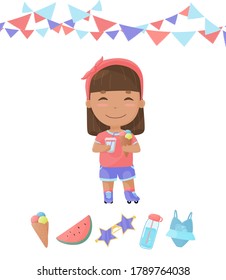 Little smiling girl with ice cream goes for roller skating. Happy kid on summer holidays. Set of dessert, sunglasses, watermelon, beverages and swim suit. Birthday party at the sea. Vector illustratio