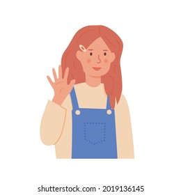 Little smiling girl with red hair waving hand. Smiling kid in greeting gesture saying hi or bye. Portrait of child from kindergarten or elementary school. Isolated flat style vector illustration.