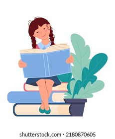 A little smiling girl is sitting on a stack of large books and reading. In the background there is a plant in a pot. Vector illustration in flat style on a white background