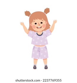 Little Smiling Girl Standing with Raised Up Hands Cheering Vector Illustration