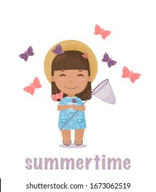 Little smiling girl in summer dress and hat, surrounded by butterflies. Postcard, t-shirt print or sticker
