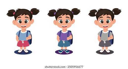 A little smiling girl in a T-shirt, shorts, sandals and with a backpack. Flat vector character designed for education and sports. Happy sport kid. Several color options for clothes for the child EPS10