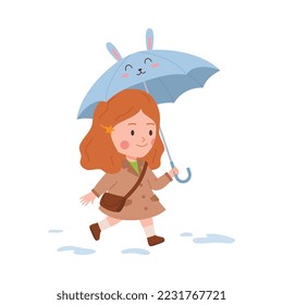 Little smiling girl walking under umbrella with hare muzzle and ears flat style, vector illustration isolated on white background. Happy kid in coat and with bag, childhood