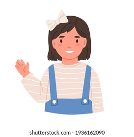 Niñita sonriente saludando con la mano, diciéndole adiós. Feliz adorable chico con el cabello reverdecido. Niños pequeños de la escuela o del jardín de infancia. Ilustración de vector plana de color de la colegiala aislada en blanco