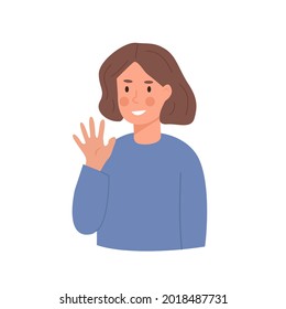 Little Smiling Girl Waving Hand. Smiling Kid In Greeting Gesture Saying Hi Or Bye. Child . Portrait Of Child From Kindergarten Or Elementary School. Isolated Flat Vector Illustration Of Schoolgirl.