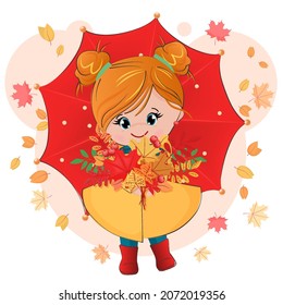 Little smiling girl in a yellow raincoat. The girl on the background of a large open umbrella. Child in autumn clothes on the street. Funny cartoon character