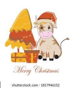 Little smiling goby. Dressed in a red Santa Claus hat. Sits under the tree with gifts. Cheerful bull is a symbol of the new year. Suitable for cards, invitations and posters in the nursery