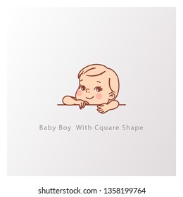 Little smiling kid with blank text element in hands. Template for logotype design. Kid with big letter. Cute little baby boy with square shape. Vector color illustration.