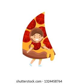 Little smiling kid in pizza slice costume. Cute brunette boy. Fast food. Kid with happy face. Flat vector design