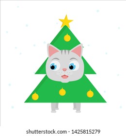 Little smiling kitten dress up christmas suit. Happy cat and christmas tree. Vector cartoon flat illustration for xmas, New Year print.