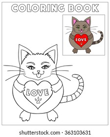 A little smiling kitten holds a heart. coloring book. Cute kitten with red heart.Vector illustration can be used for greeting cards, for children education, coloring books and notebooks. 