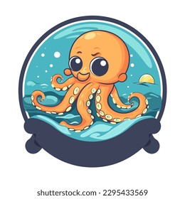 Little smiling octopus. Water pool for children. cartoon vector illustration. label, sticker, t-shirt printing