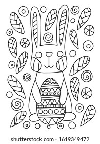 Little smiling rabbit holds colored egg with flower around stock vector illustration. Happy Easter bunny coloring book page for kids. Simple black outline on white background.