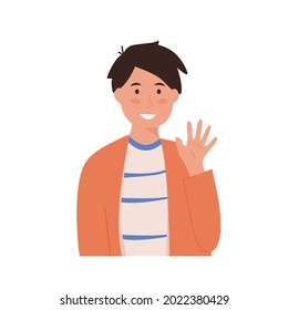 Little smiling school boy waving hand. Happy kid in greeting gesture saying hello or goodbye. Portrait of child from kindergarten or elementary school. Flat vector illustration.